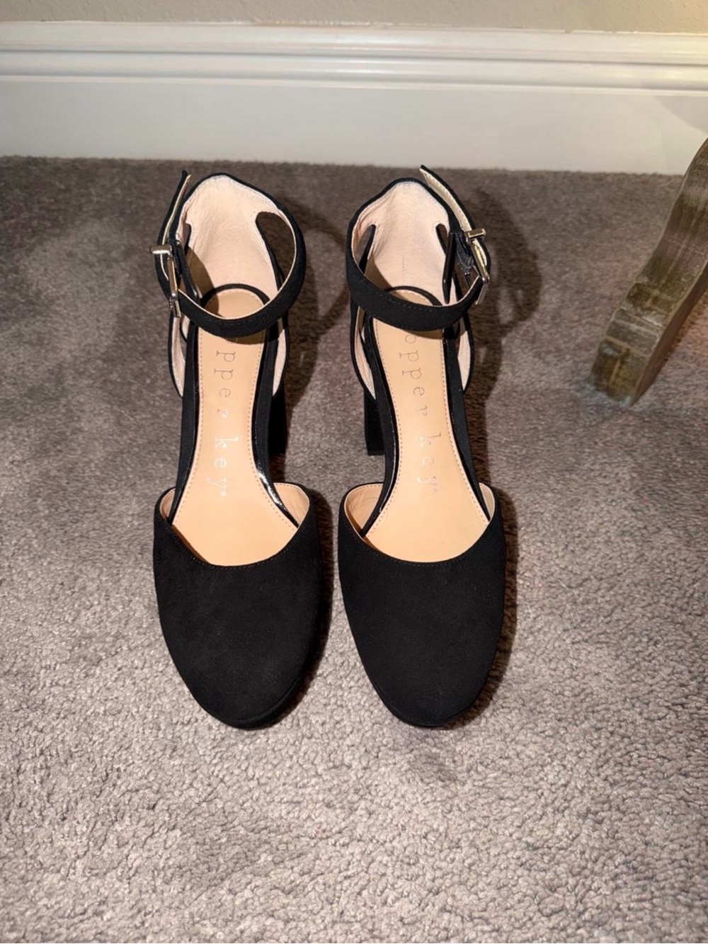 Copper Key Black Ankle Strap Block Heels